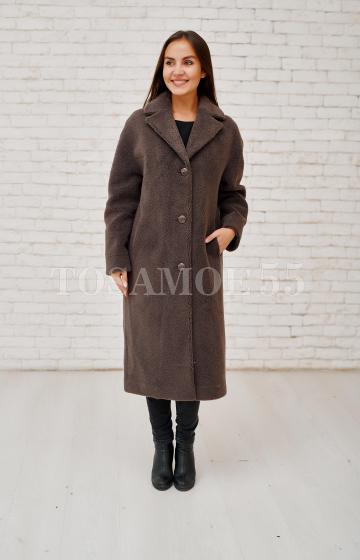 Шуба-пальто из овечьей шерсти темно-коричневая