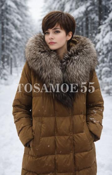 Длинный пуховик цвета хаки с чернобуркой