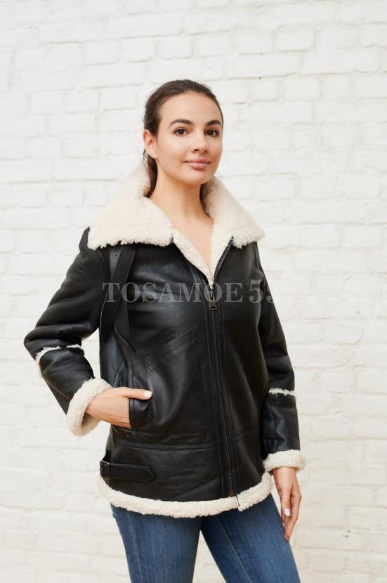 Дубленка авиатор чёрного цвета фото №4