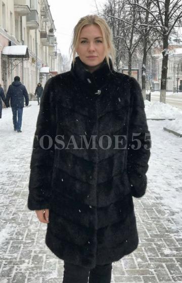 Черная норковая шуба поперечка воротник стойка